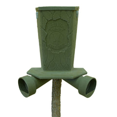 Banks Outdoors gravity-fed feed bank mounted on a tree, weatherproof and deer-friendly.