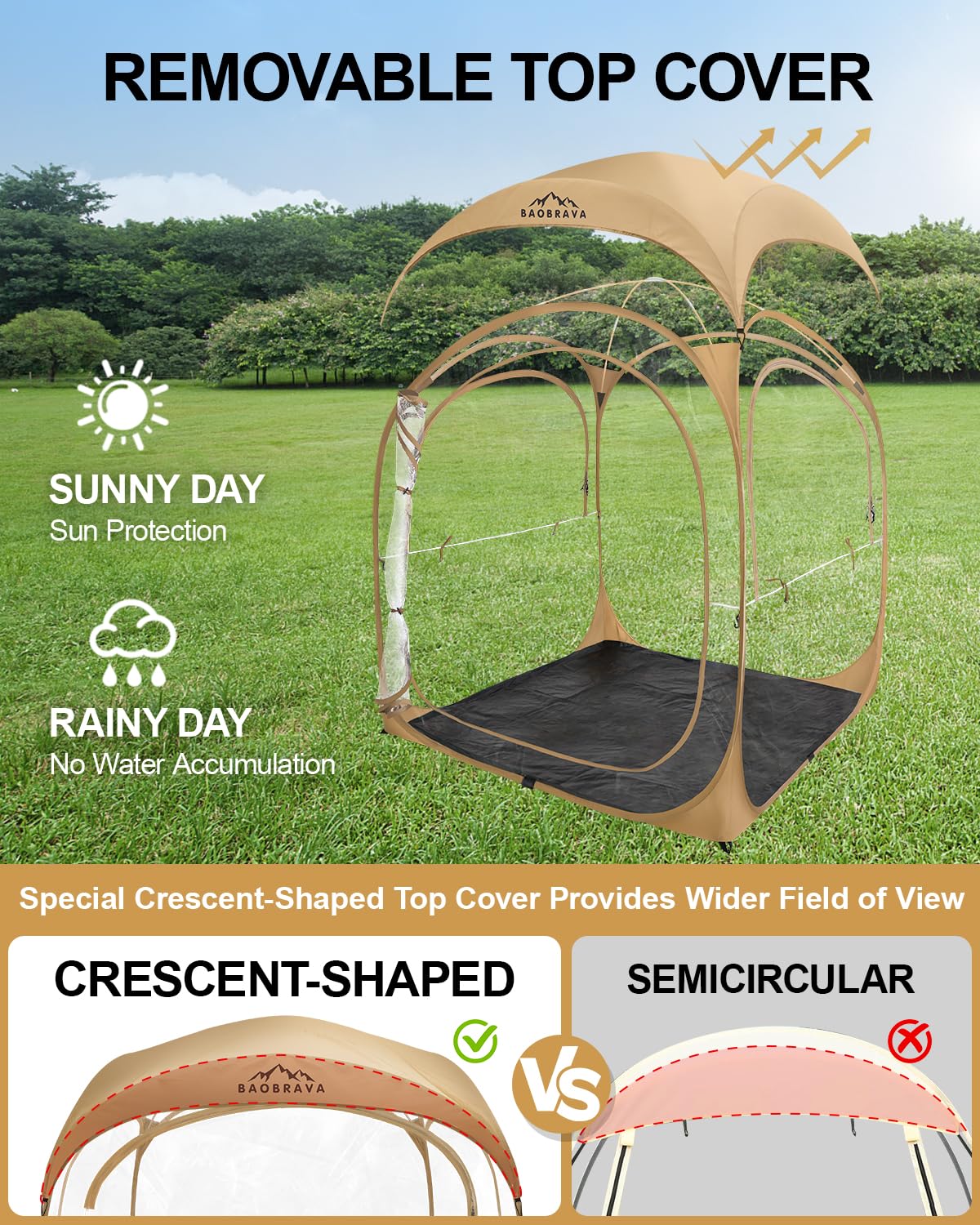 Baobrava tent includes fiberglass poles for stable, roomy top support