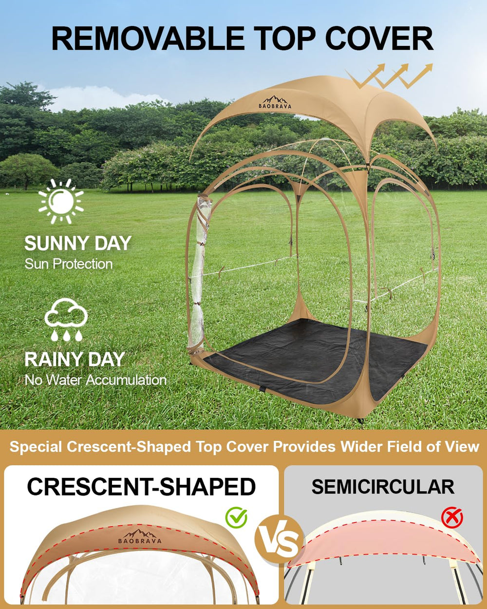 Baobrava tent includes fiberglass poles for stable, roomy top support