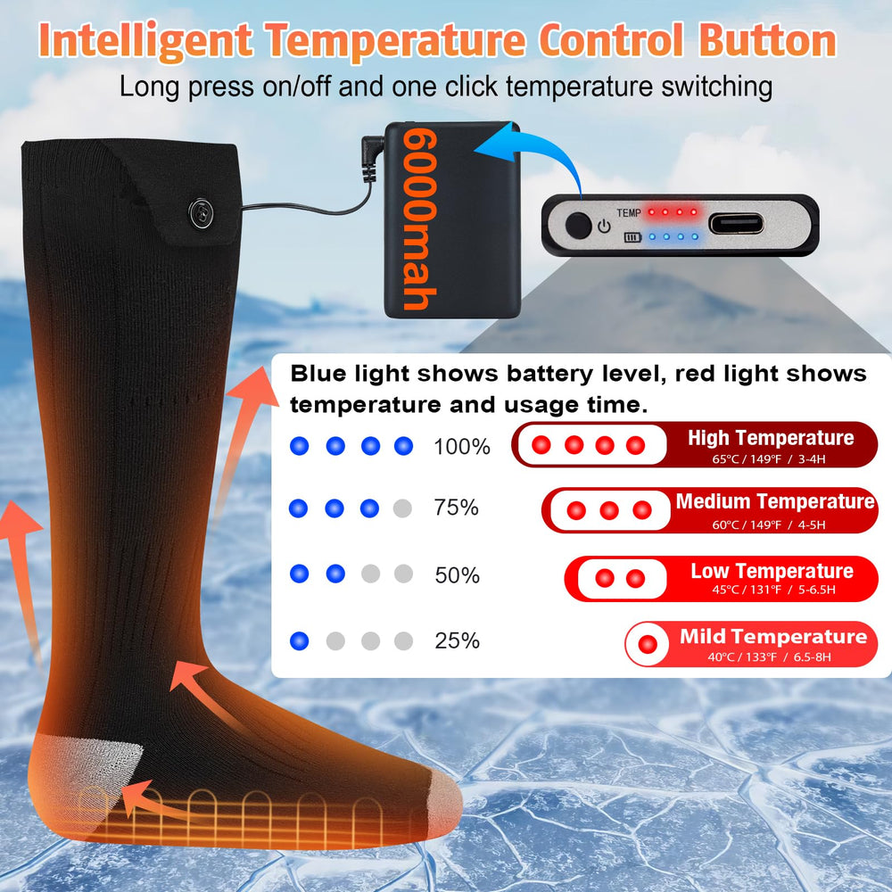 Baowenqier heated socks on foot demonstrating one-size-fit versatility