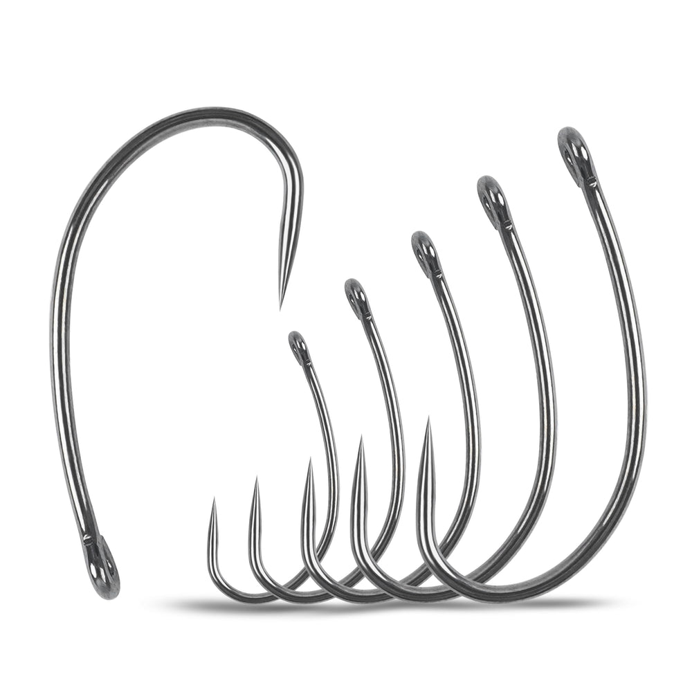 Durable carbon steel barbless fishing hooks in packaging