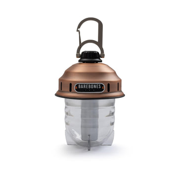 Barebones Beacon hanging light copper front view highlights vintage charm for campsite or patio evenings