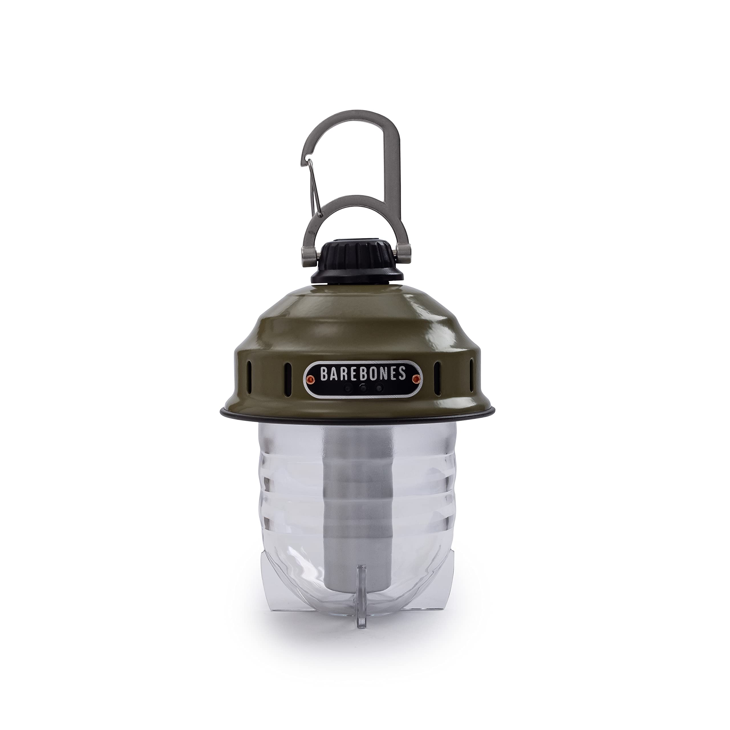 Barebones Beacon hanging light in olive drab provides portable ambient lighting for camping.