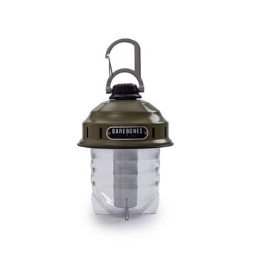 Barebones Beacon hanging light in olive drab provides portable ambient lighting for camping.