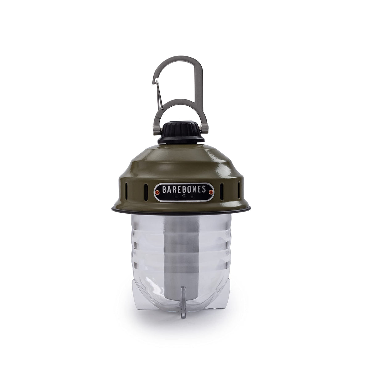 Barebones Beacon hanging light in olive drab provides portable ambient lighting for camping.
