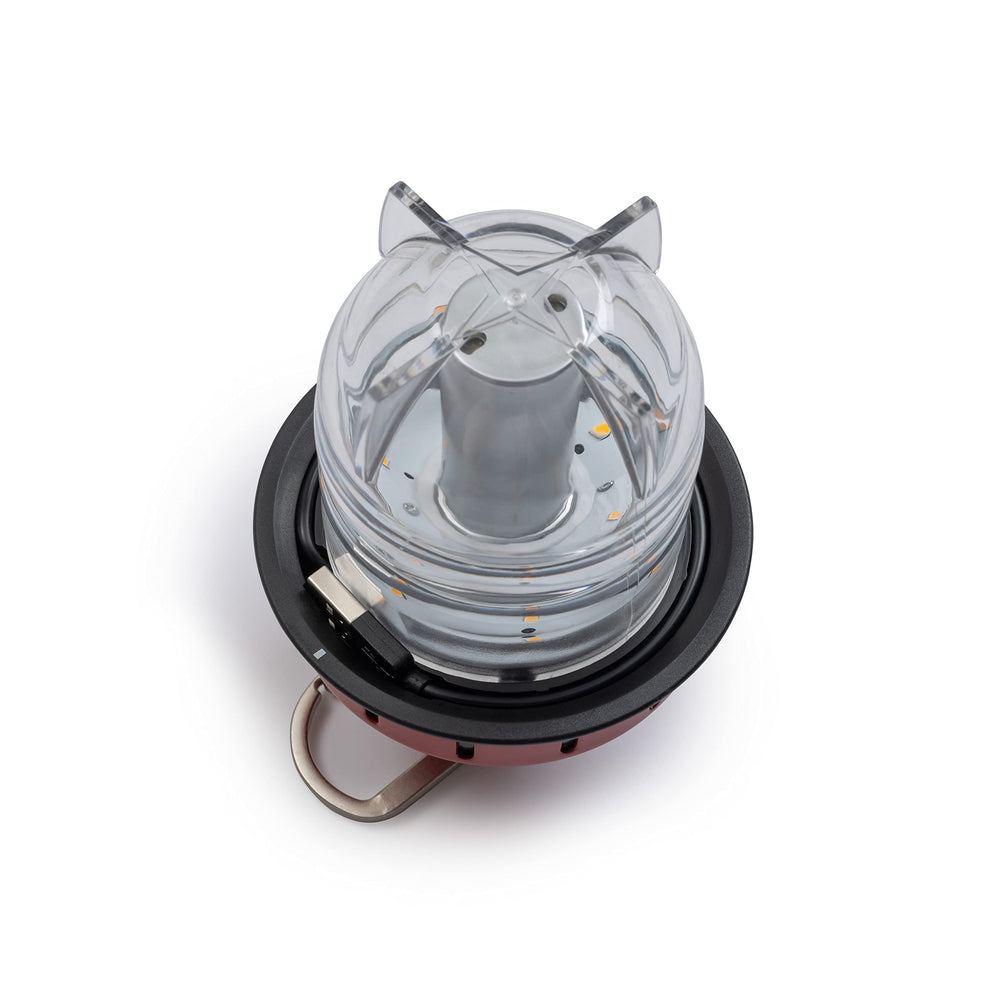 Barebones Beacon hanging light red LED efficiency lowers energy use during outdoor time.