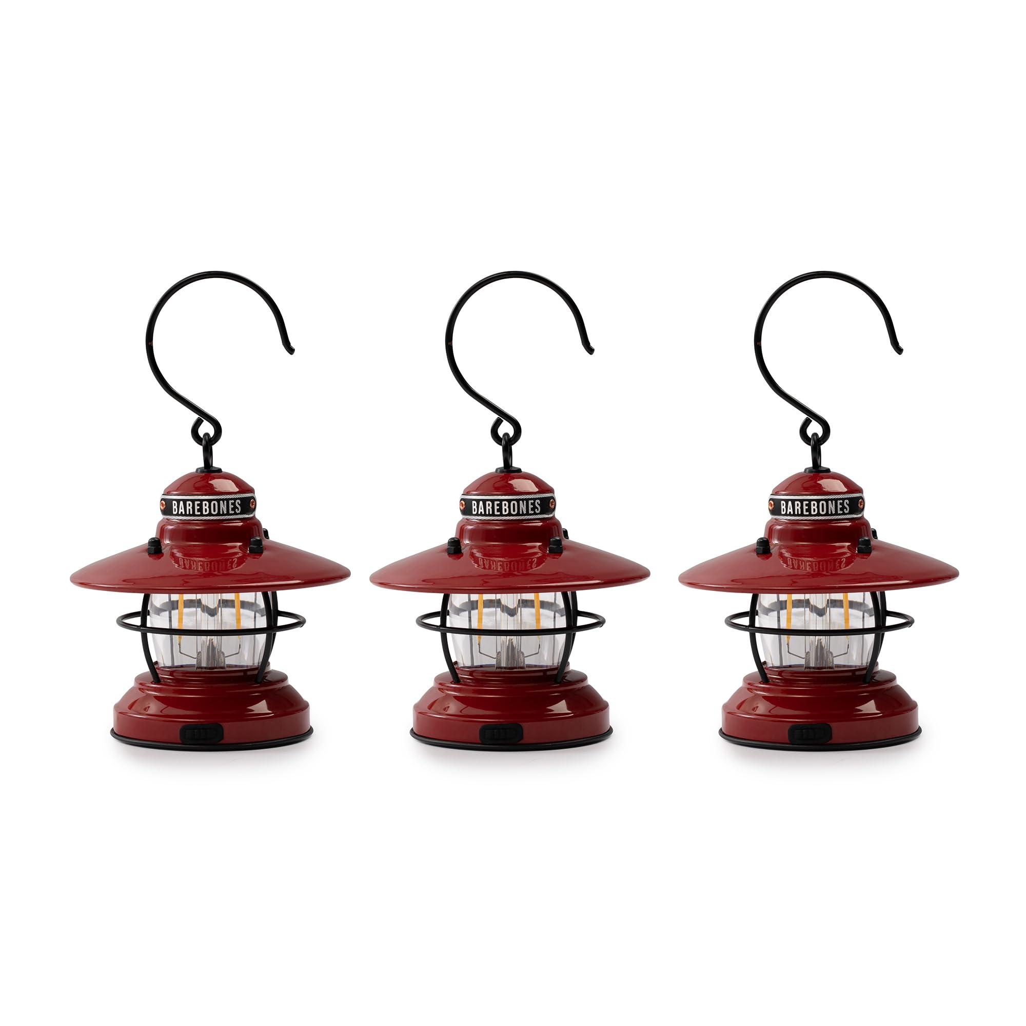 Barebones Edison mini lantern 3-pack red hanging use for ambient camp lighting.