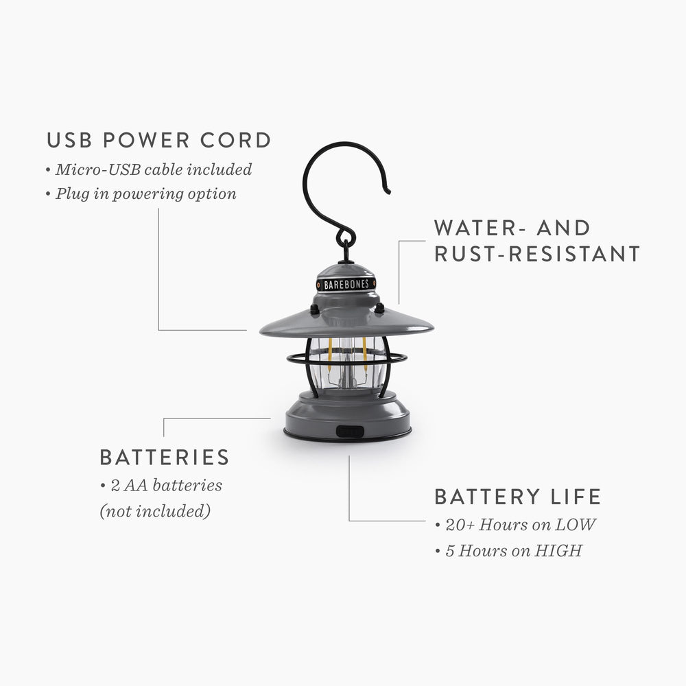 Barebones Edison Mini Lantern compact design on a backpack for travel.