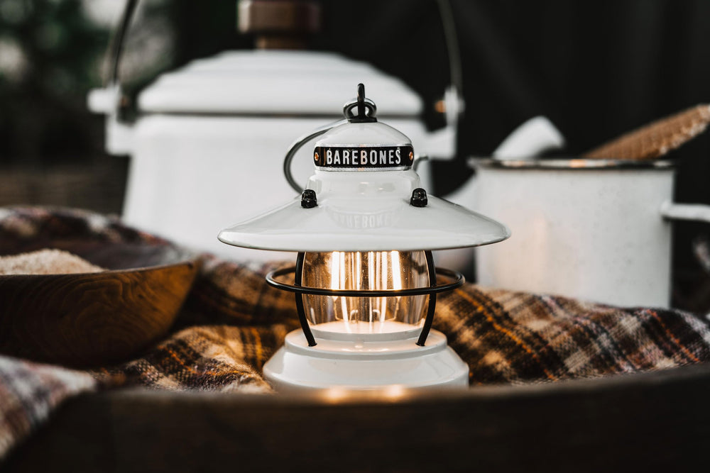 Barebones Edison Mini Lantern decorative light enhances home and campsite ambiance.