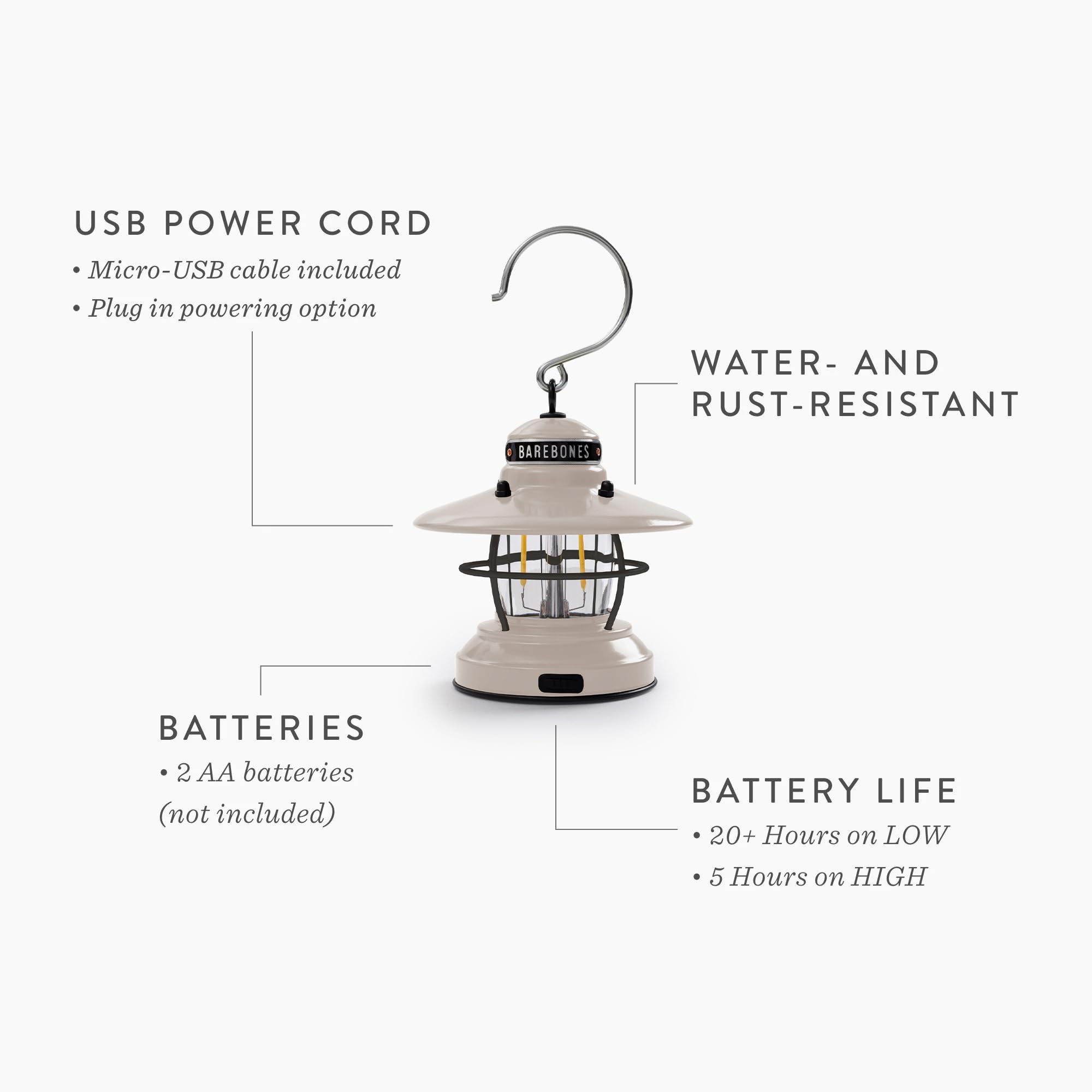 Barebones Edison Mini Lantern features durable steel with powder-coated finish for rugged outdoors.
