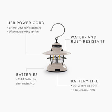 Barebones Edison Mini Lantern features durable steel with powder-coated finish for rugged outdoors.