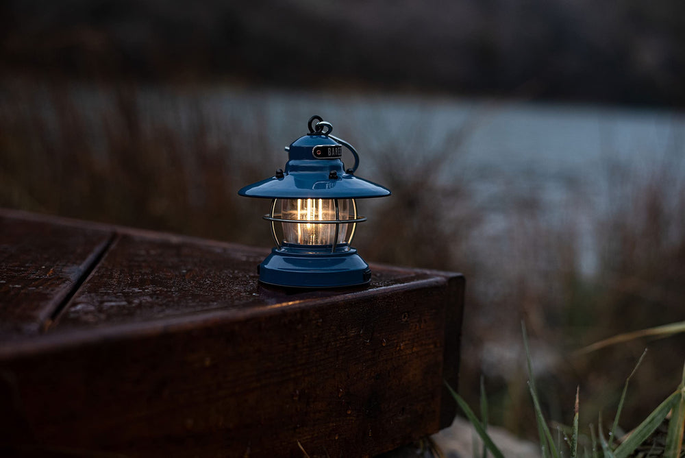 Barebones Edison Mini Lantern rugged ocean blue ready for weather conditions.