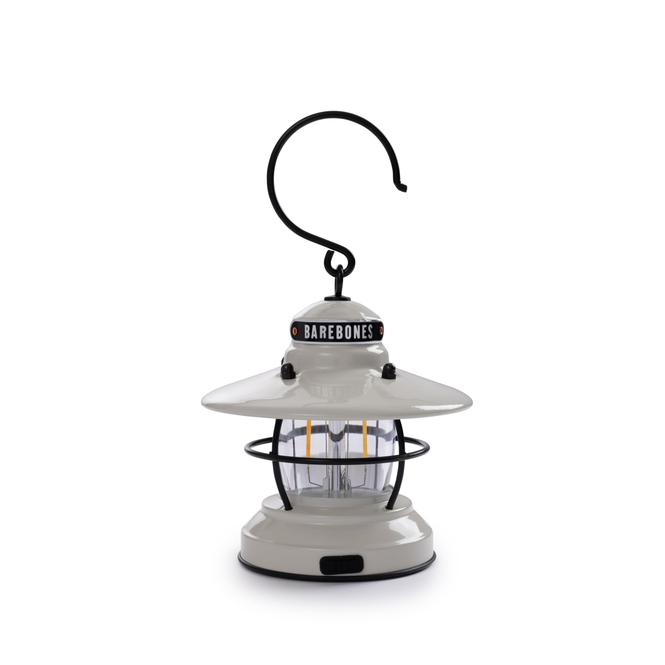 Barebones Edison Mini Lantern in vintage white provides ambient outdoor light for camping.