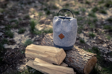 Neutral rustic tones of Barebones storage bag complement campsite aesthetics