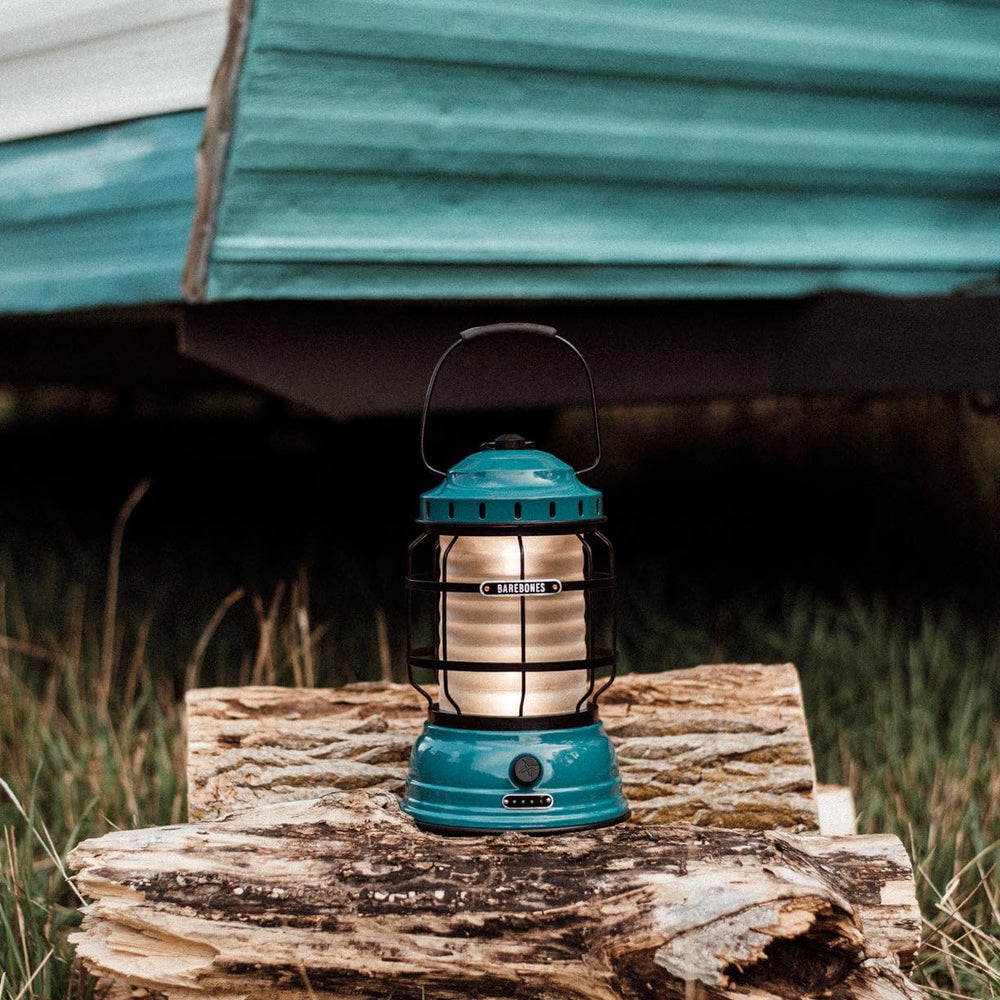 Barebones Forest Lantern teal lighting for backyard gatherings.