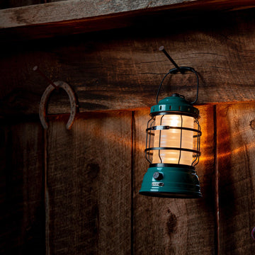 Barebones Forest Lantern teal durable materials withstand outdoors.
