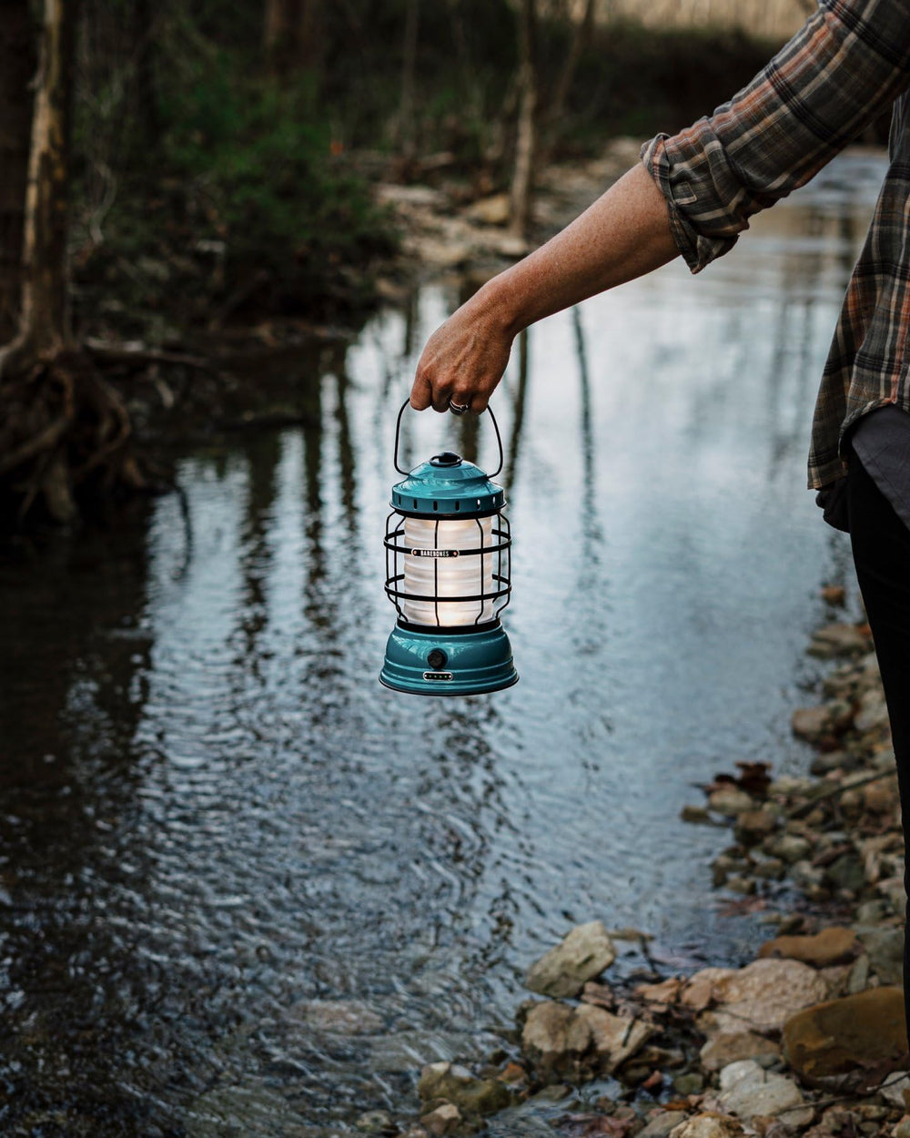 Barebones Forest Lantern teal rechargeable battery for reliable power.