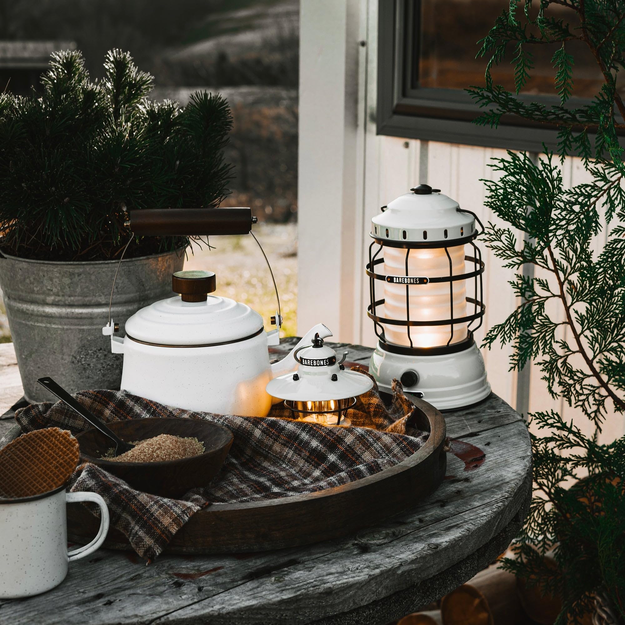 Barebones Forest Lantern vintage-white hanging view for flexible outdoor lighting