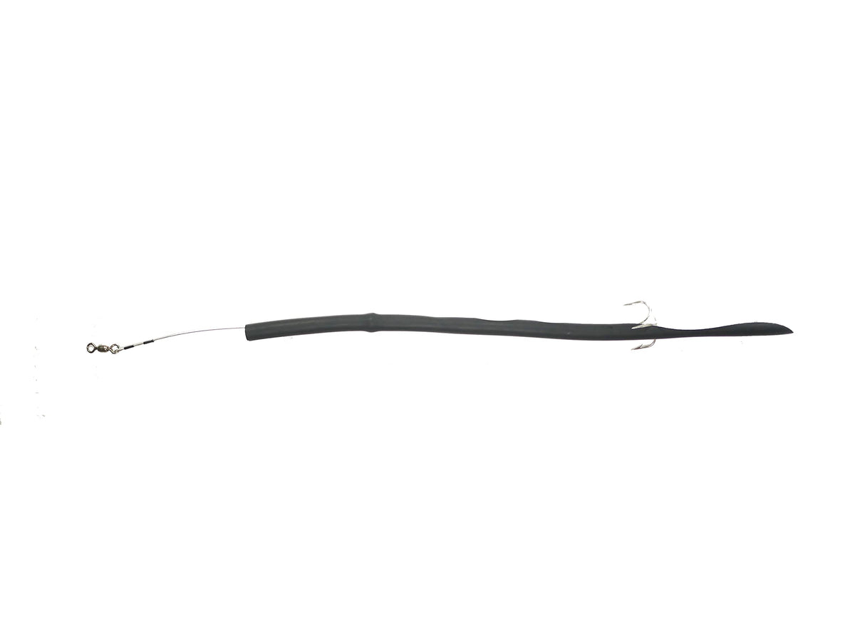 Barracuda Tube Lure Black 18 inch saltwater lure with 80 lb coated wire and 150 lb swivel
