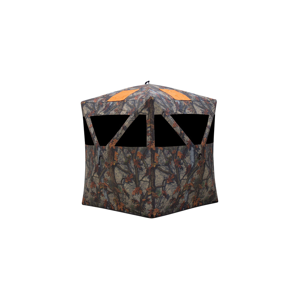 Front view of Barronett Blinds Road Runner RR200BT in Bloodtrail Woodland camouflage.