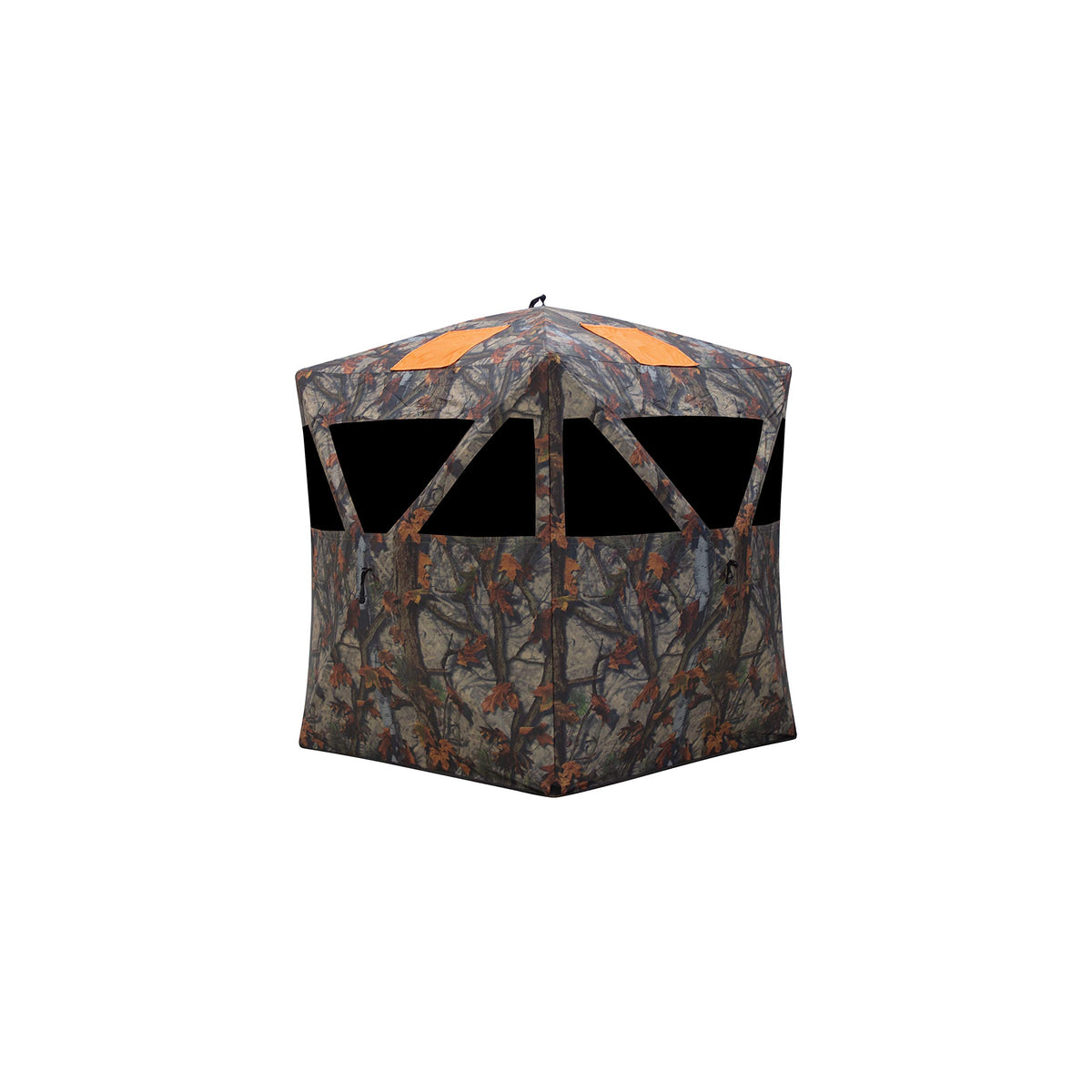 Front view of Barronett Blinds Road Runner RR200BT in Bloodtrail Woodland camouflage.