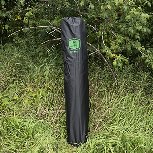 Barronett Blinds Tag Out Hub bloodtrail woodland camo blends into brush.