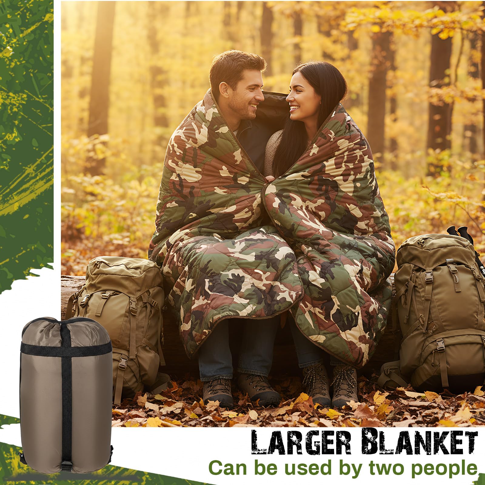 Barydat Woobie camouflage blanket highlighting warm insulation for rugged outdoors.