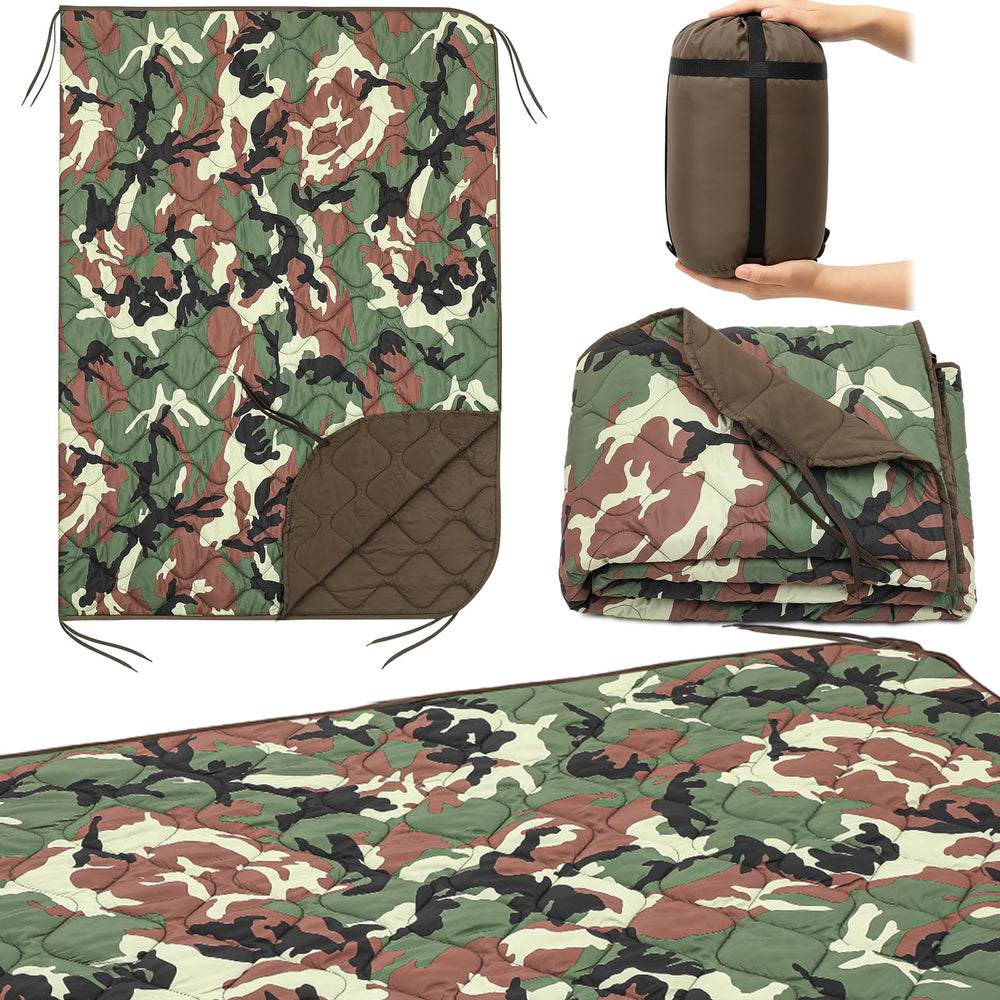 Barydat Woobie blanket in green camo packaging with compact carry bag for easy travel and storage.