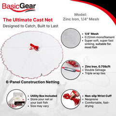 BasicGear cast net close-up shows zinc iron sinkers for rust resistance