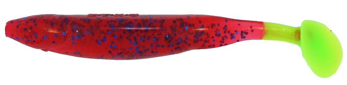 Bass Assassin Die Dapper-7 plum/chartreuse tail ideal for saltwater casting and attracting bites