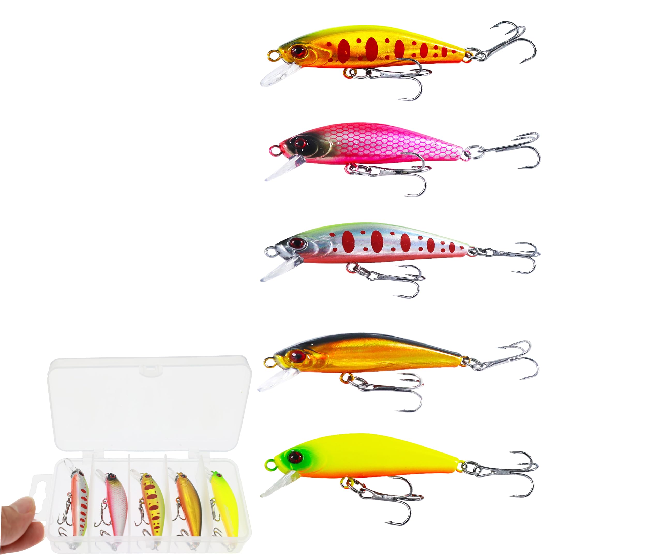 Five-piece bass lure kit with jerkbaits and 45-degree bills