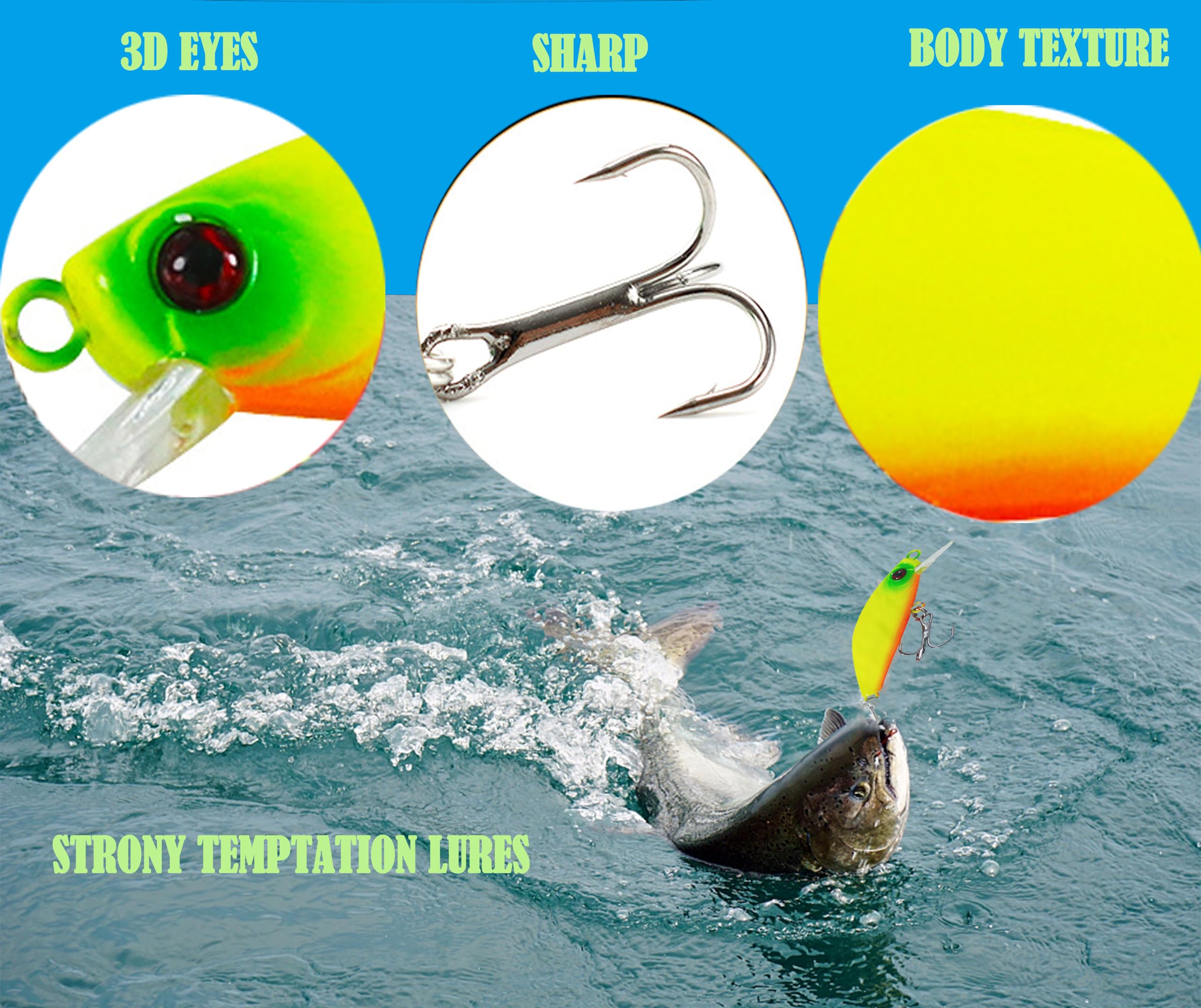 High-carbon steel hooks on each lure for strong penetration