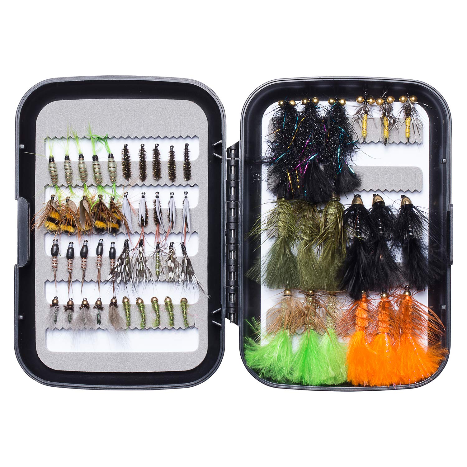 BASSDASH 58-piece fly kit shown with organized fly box for trout fishing
