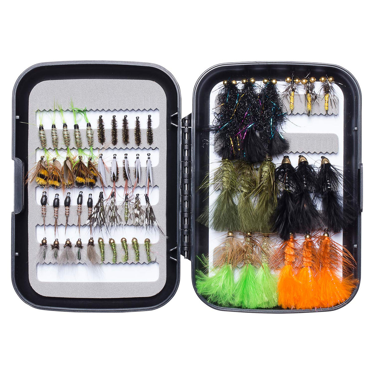 BASSDASH 58-piece fly kit shown with organized fly box for trout fishing