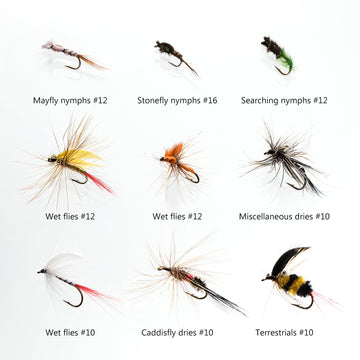 Caddisfly dries, Terrestrials and San Juan worms included in the kit