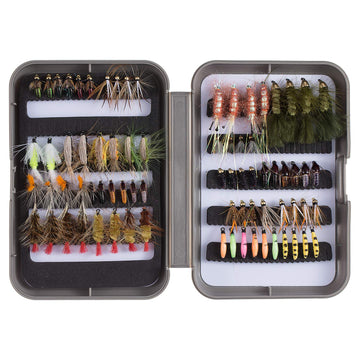 BASSDASH 76flies fly box view showing organized trout-ready collection for freshwater fishing