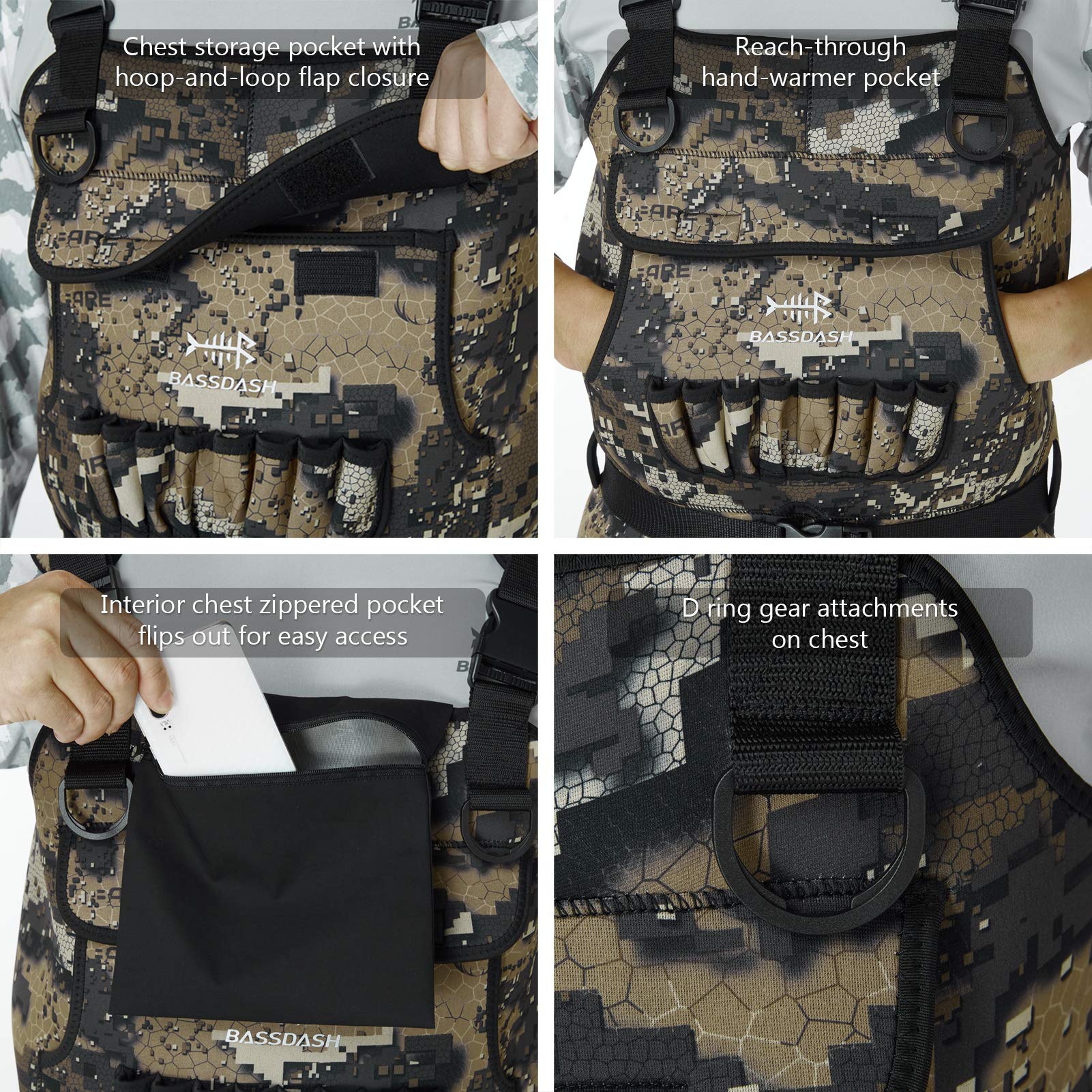 BASSDASH Bare Camo waders knee reinforcement and stretch neoprene for comfortable movement