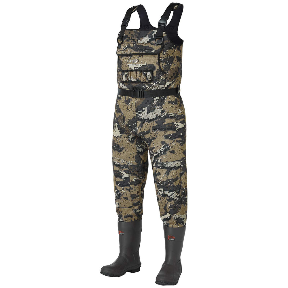 BASSDASH Bare Camo pattern on waders blends with terrain for stealthy movement