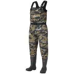 BASSDASH Bare Camo pattern on waders blends with terrain for stealthy movement