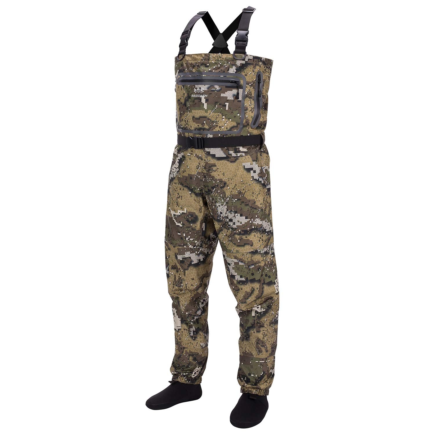BASSDASH Breathable Veil Camouflage chest waders provide versatile concealment in varied conditions.