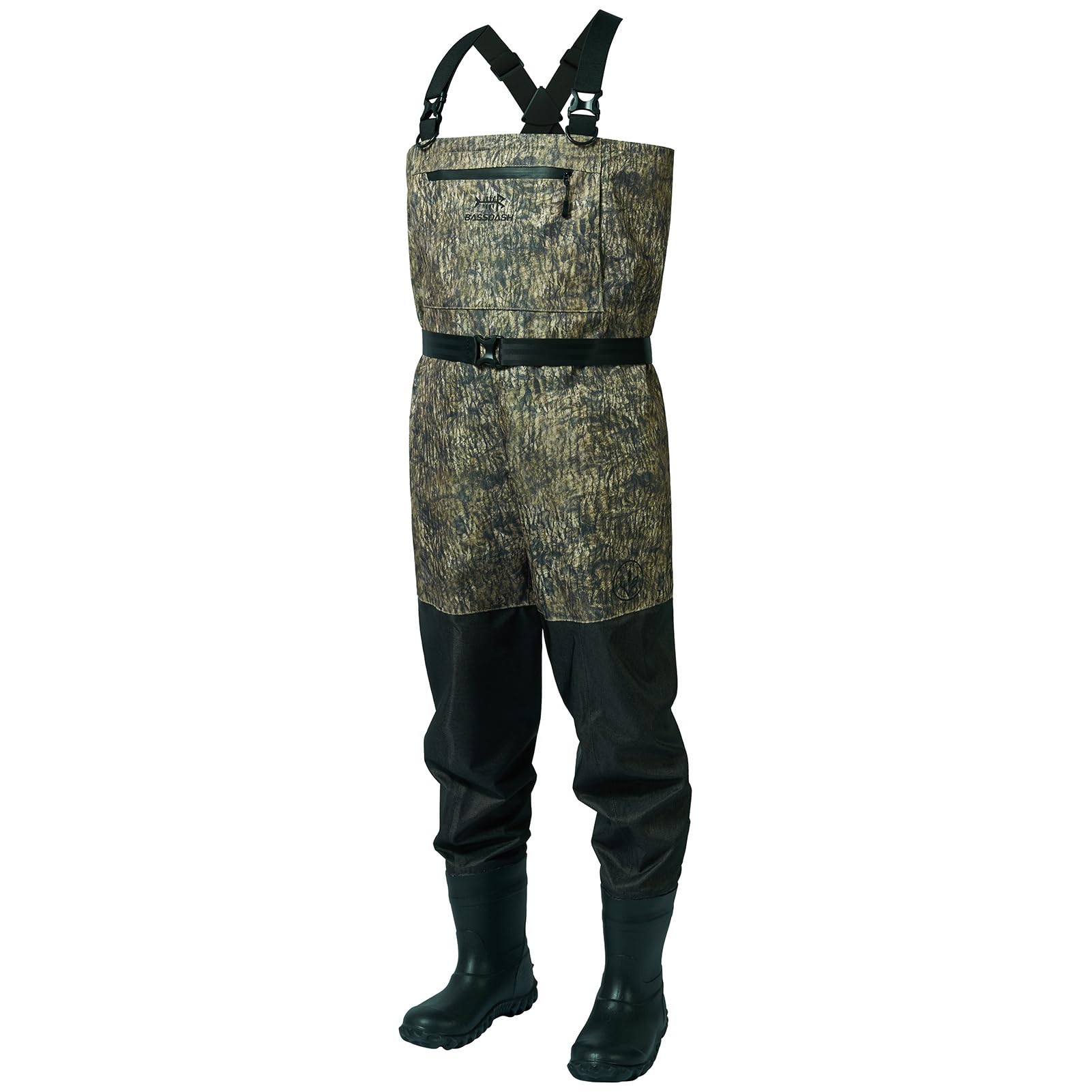 BASSDASH camo breathable waders front view highlights durable ripstop fabric for long days outdoors