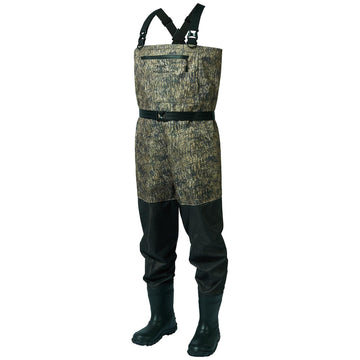 BASSDASH camo breathable waders front view highlights durable ripstop fabric for long days outdoors