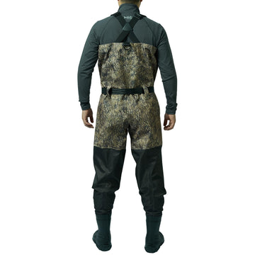 BASSDASH camo breathable waders side view shows lightweight construction for easier movement