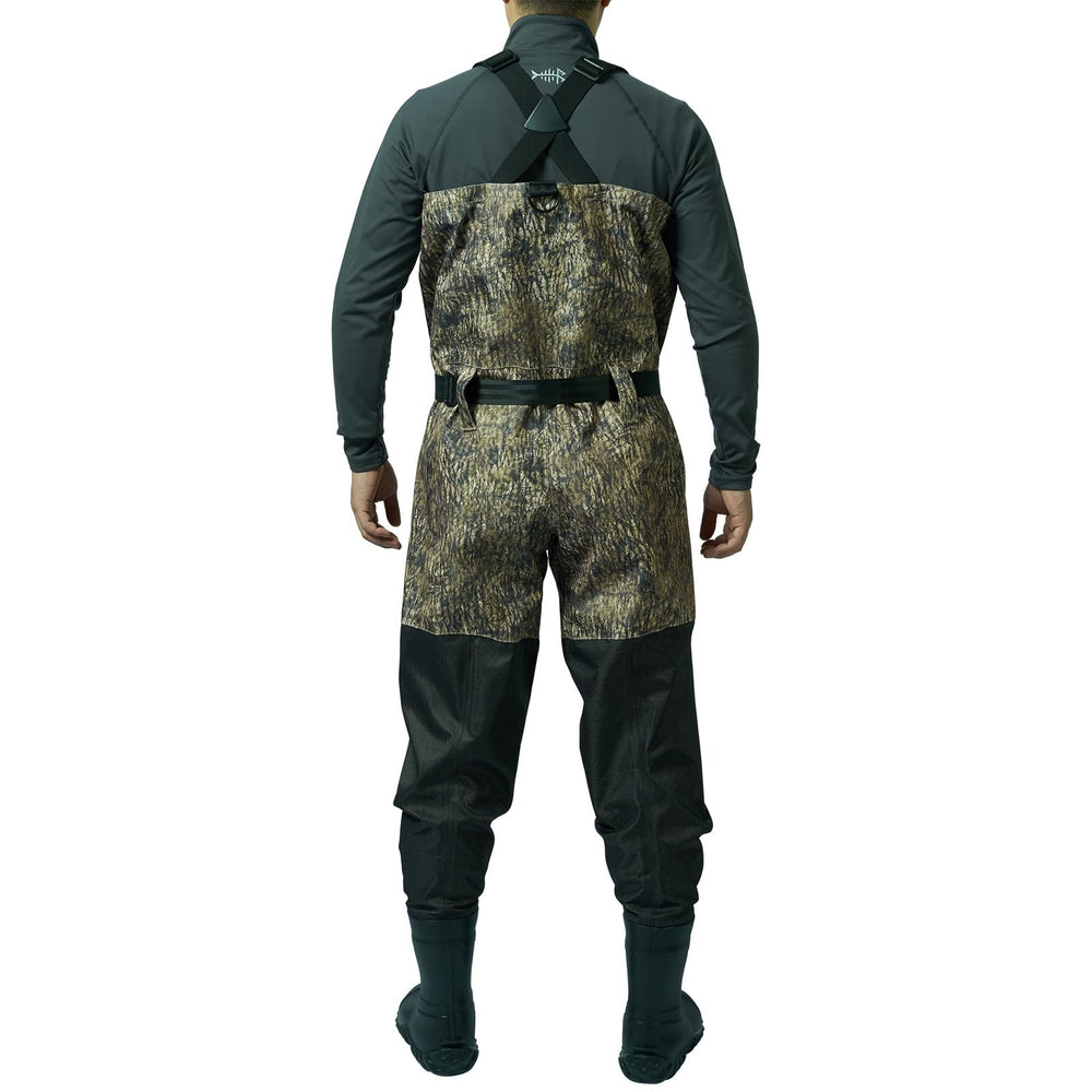 BASSDASH camo breathable waders side view shows lightweight construction for easier movement
