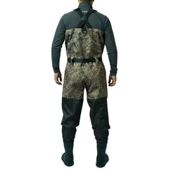BASSDASH camo breathable waders side view shows lightweight construction for easier movement