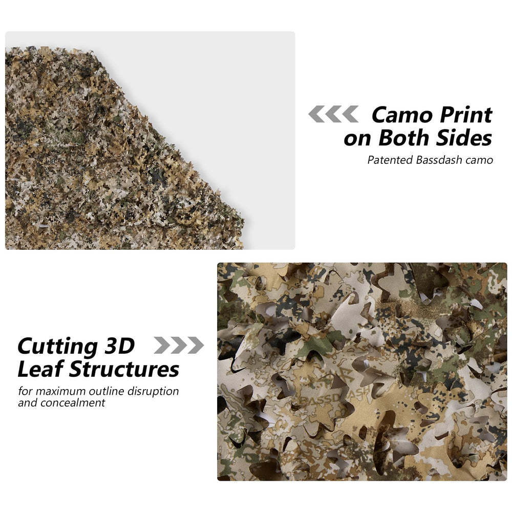 BASSDASH camo netting 3D leaf pattern enhances concealment in the field.