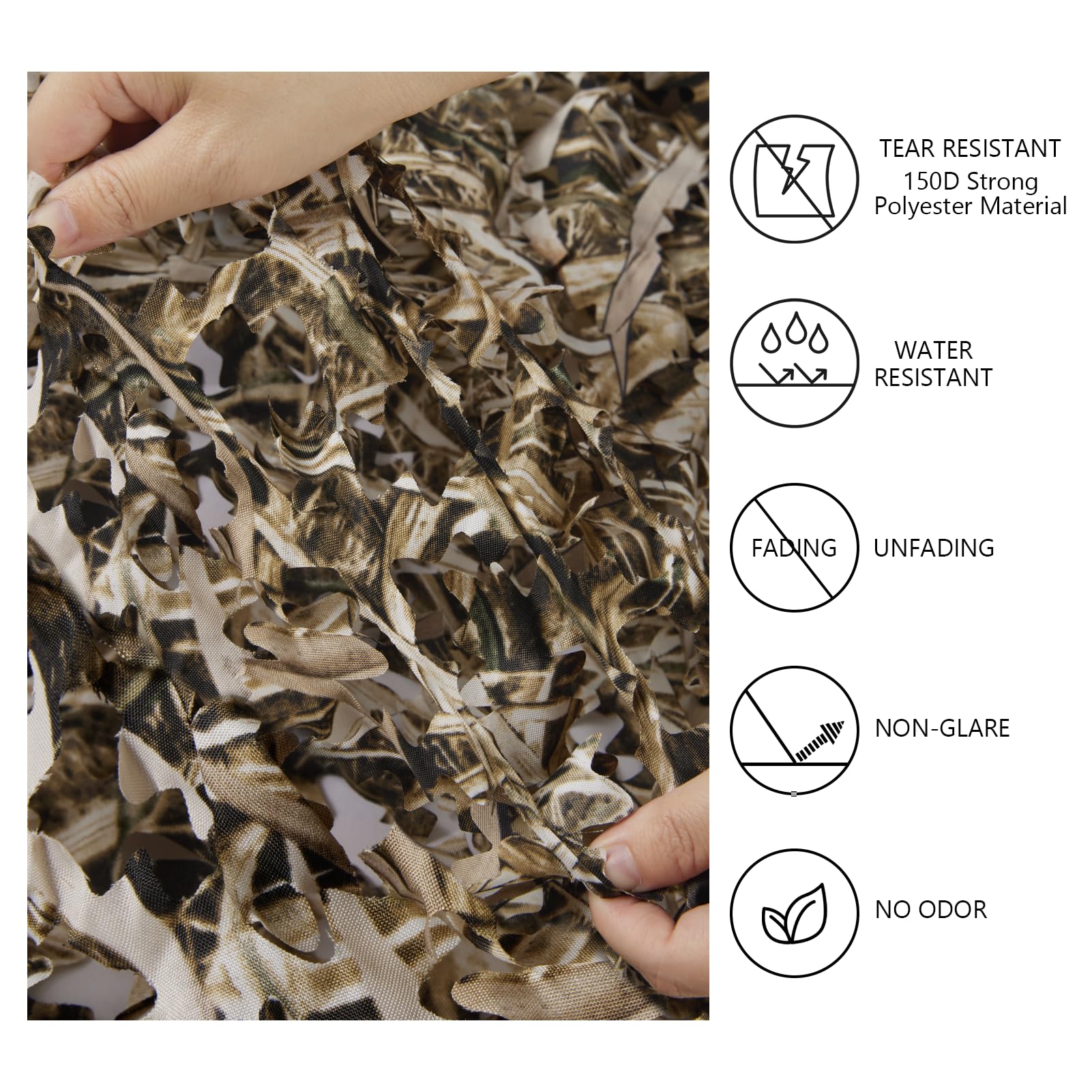 BASSDASH camo netting 3D leaf structure enhances field concealment.