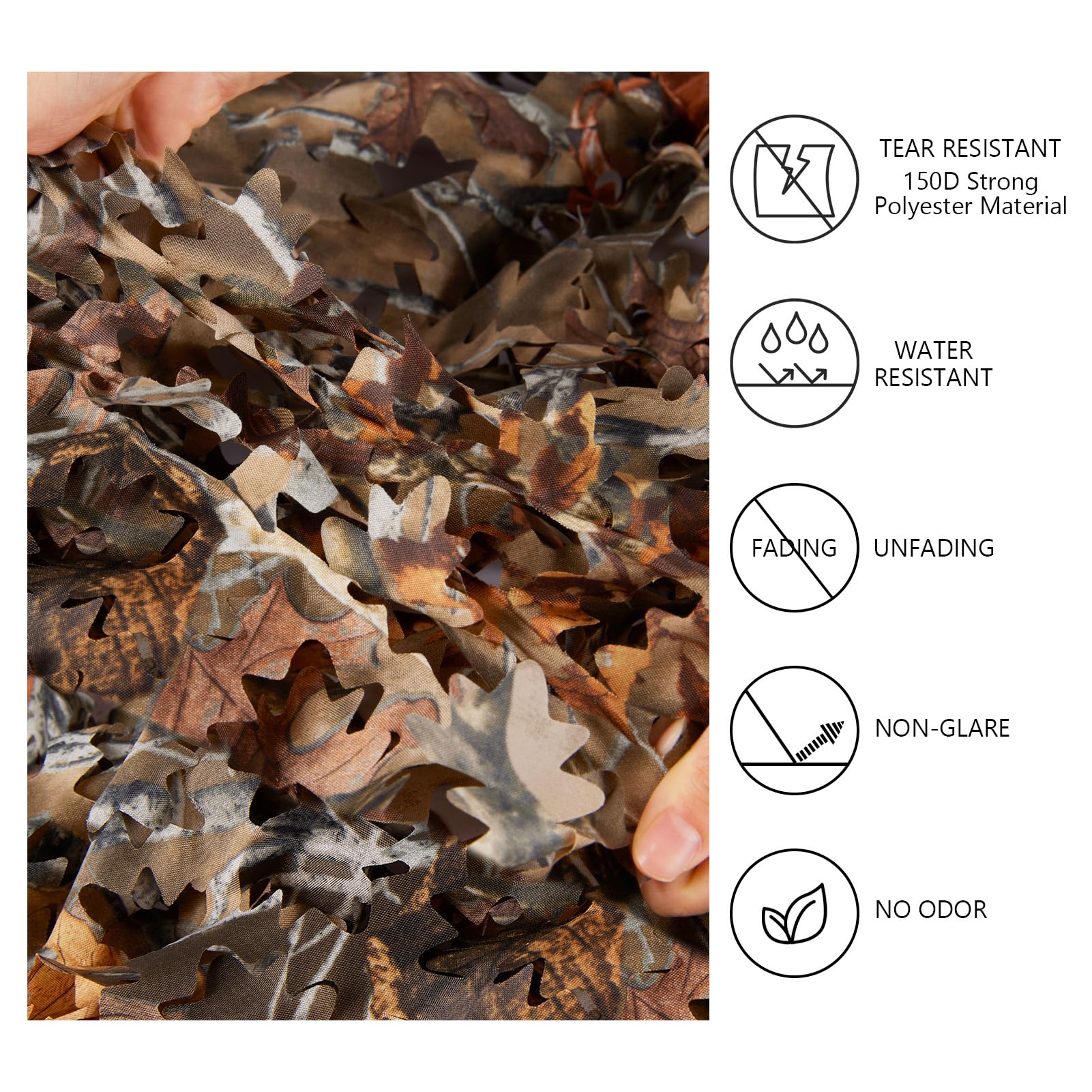 BASSDASH camo netting 3D leaf structure highlighting concealment in the field.