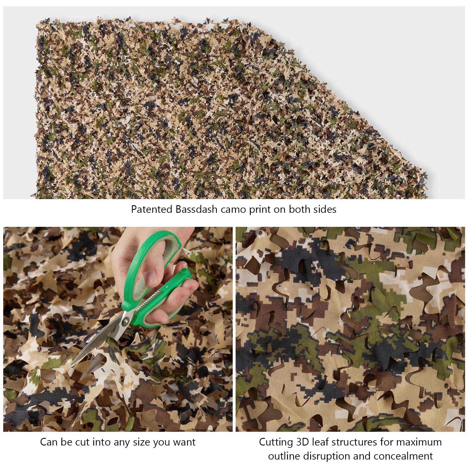 BASSDASH camo netting cut-and-join feature enables customizable camouflage setups.