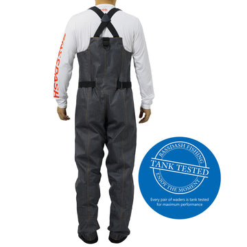 Bassdash denim waders chest pocket with waterproof zipper and flip-out pocket for secure items on the water